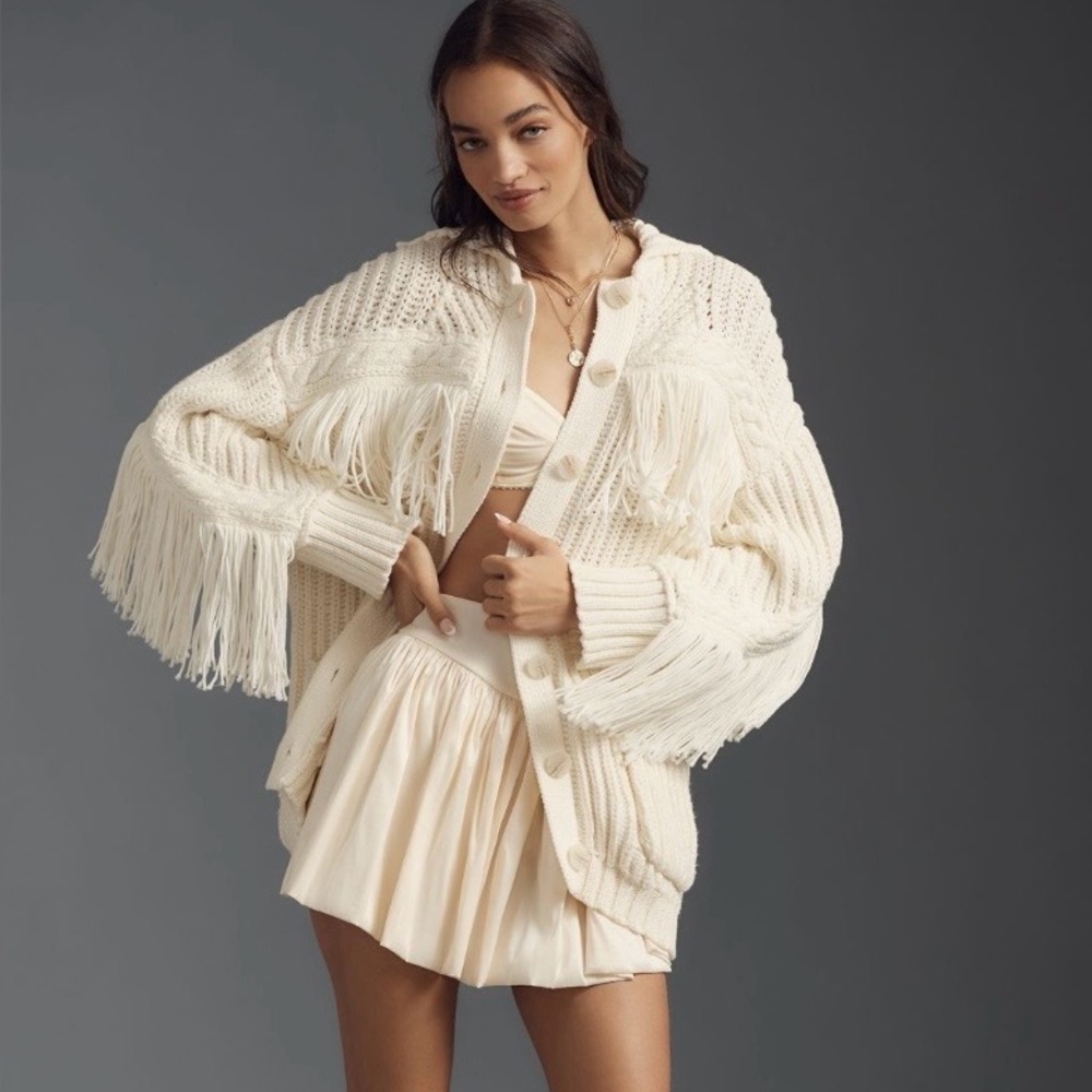 Anthropologie Ivory Fringe Cardigan